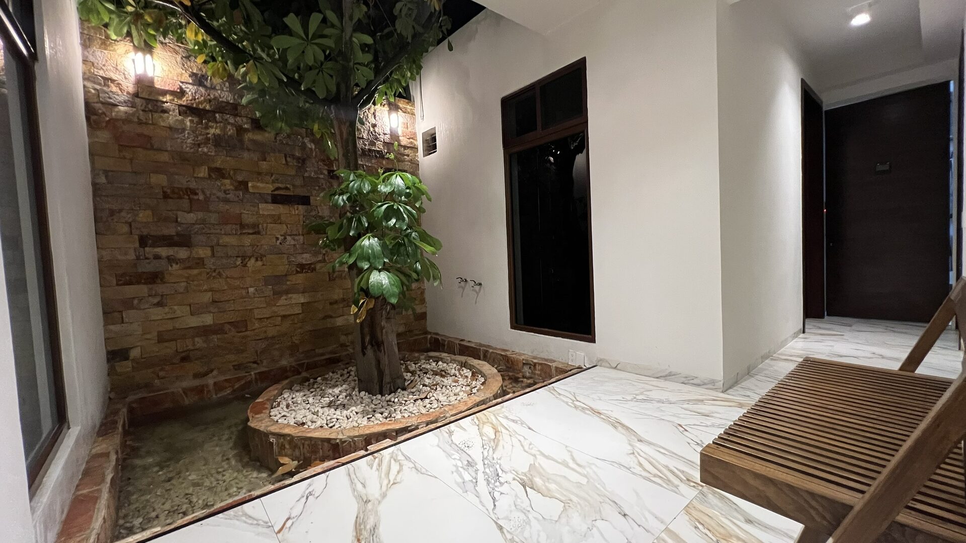 Pasillo interior con muro llorón y árbol natural — Casa Boutique Vista Lago Tequesquitengo